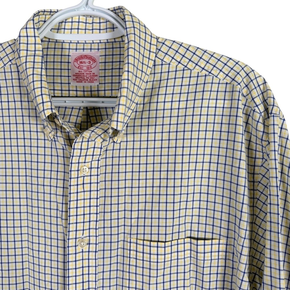 Brooks Brothers Button Down‎ Shirt Mens 16.5-33 Blue Yellow Tattersall Check